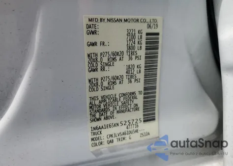 2019 Nissan Titan Platinum Reserve z USA, uszkodzony, nr VIN 1N6AA1E65KN525725